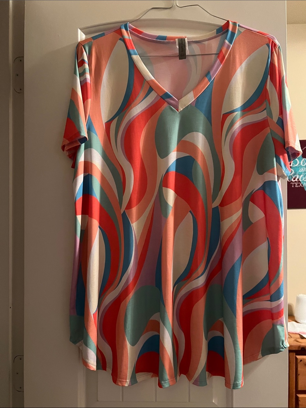 Honeyme Coral Teal Blue Abstract V-Neck Short Sleeve Tunic